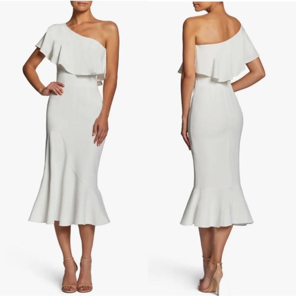 New DRESS THE POPULATION Raquel One Shoulder Dress White Midi Mermaid Cocktail